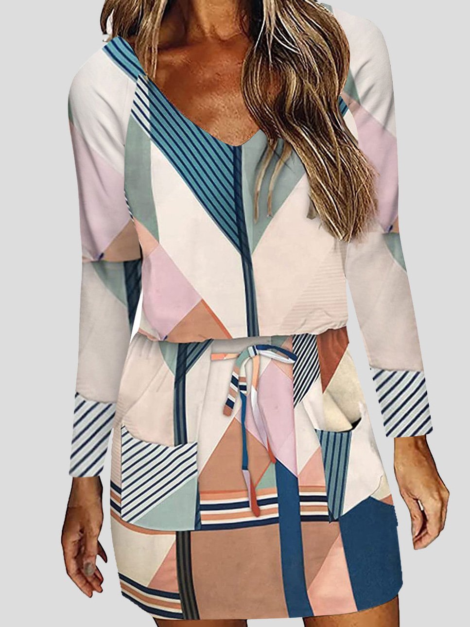 V-Neck Lace-Up Multicolor Printed Long Sleeve Dress ins