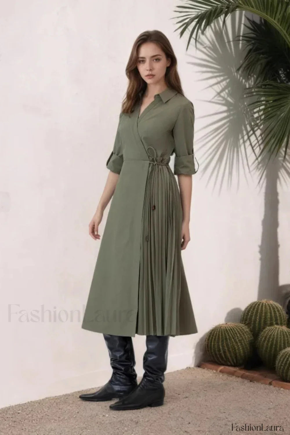 V Neck Long Sleeve Lace Up Pleated Maxi Dress