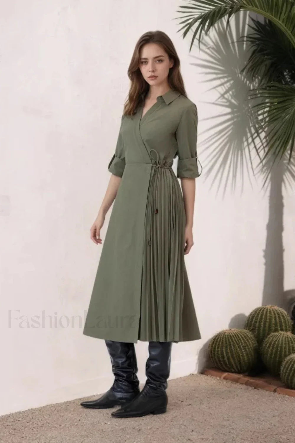V Neck Long Sleeve Lace Up Pleated Maxi Dress