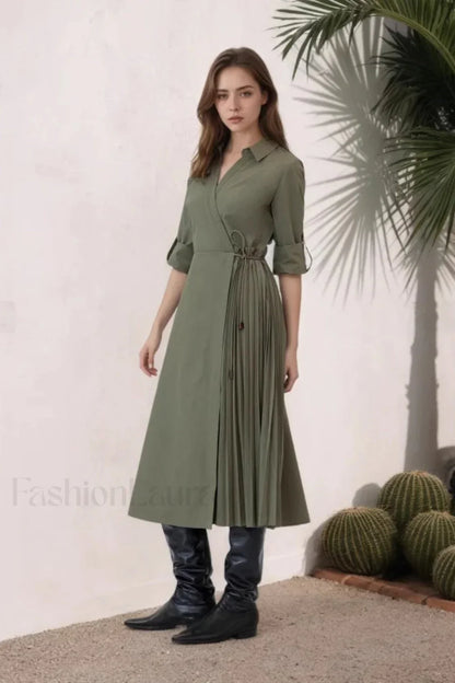 V Neck Long Sleeve Lace Up Pleated Maxi Dress