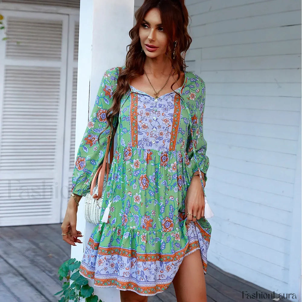 V Neck Mini Print Boho Dress Green / S