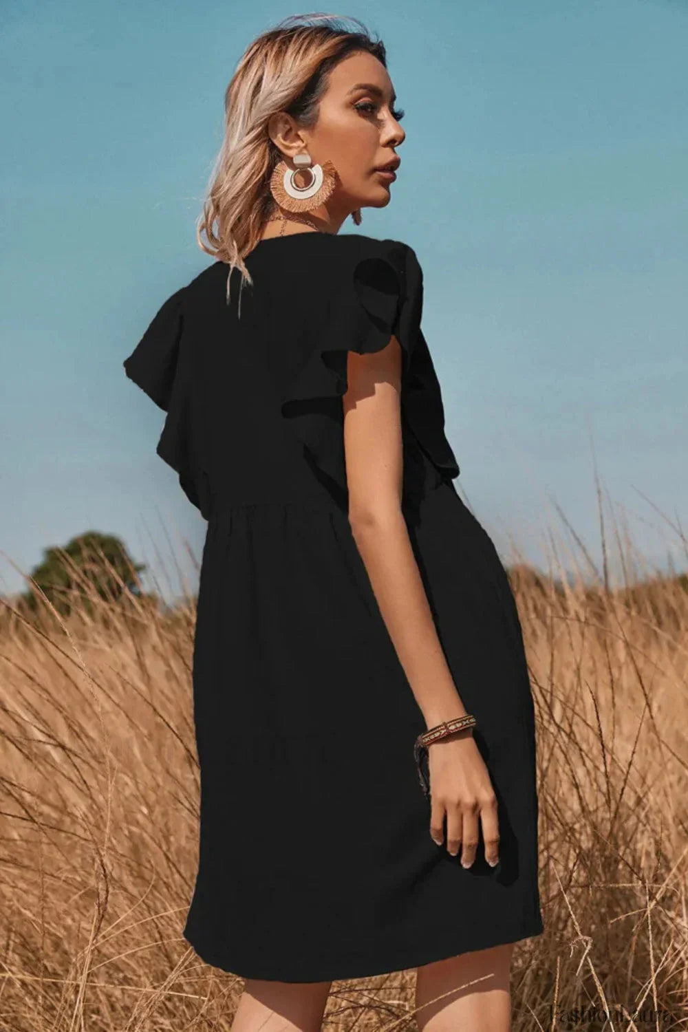 V Neck One Row Button Flared Pastoral Mini Dress