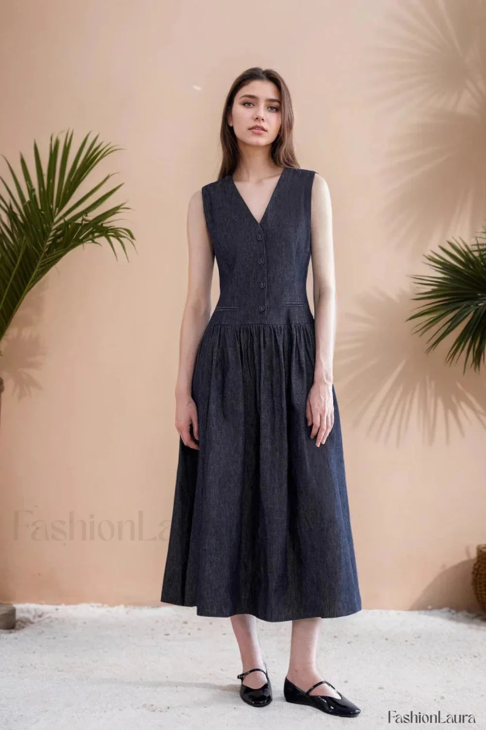 V Neck Pocket Loose Sleeveless Casual Maxi Dress Navy blue / S