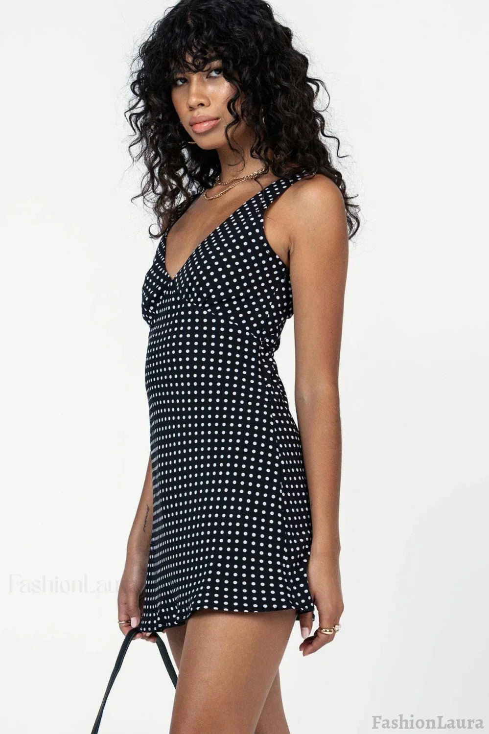 V-Neck Polka Dot Tie Waist Mini Dress