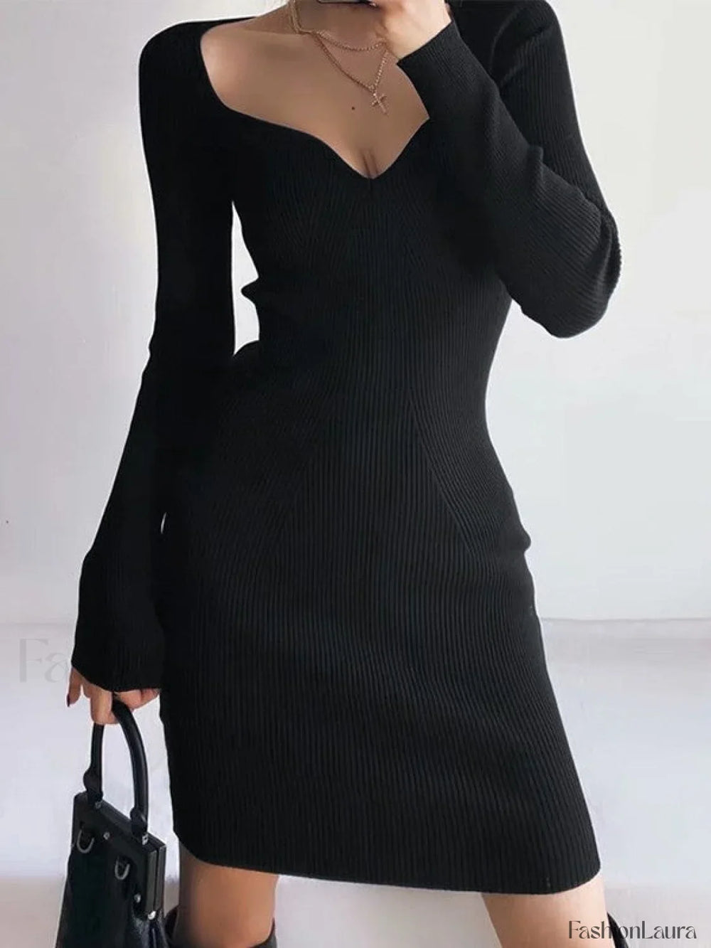 V Neck Ribbed Knit Long Sleeve Mini Dress Black / ONE SIZE Mini Dresses