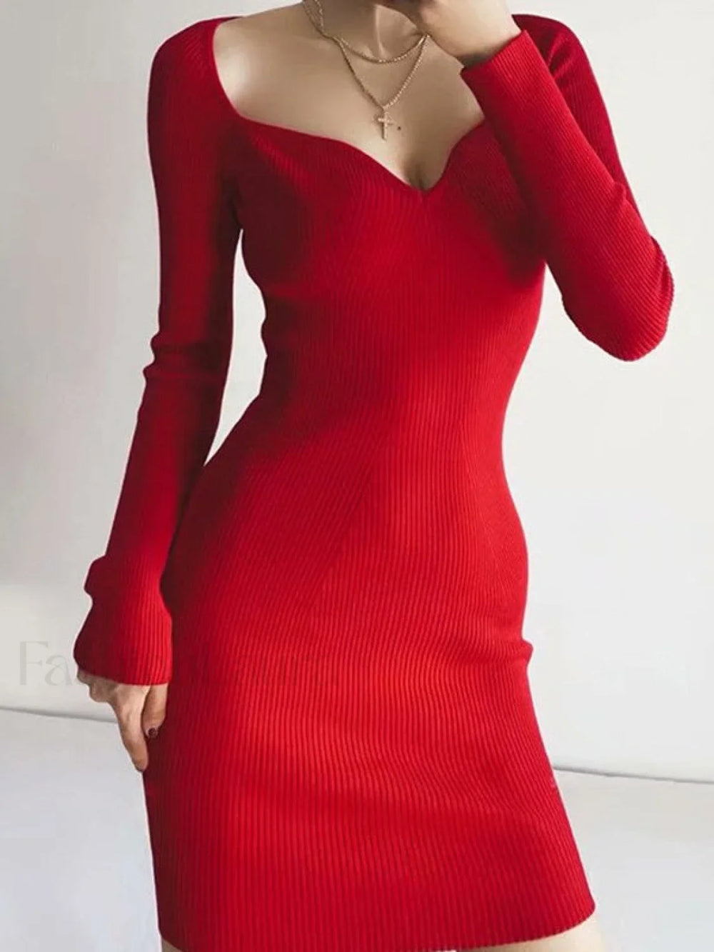 V Neck Ribbed Knit Long Sleeve Mini Dress Red / ONE SIZE Mini Dresses