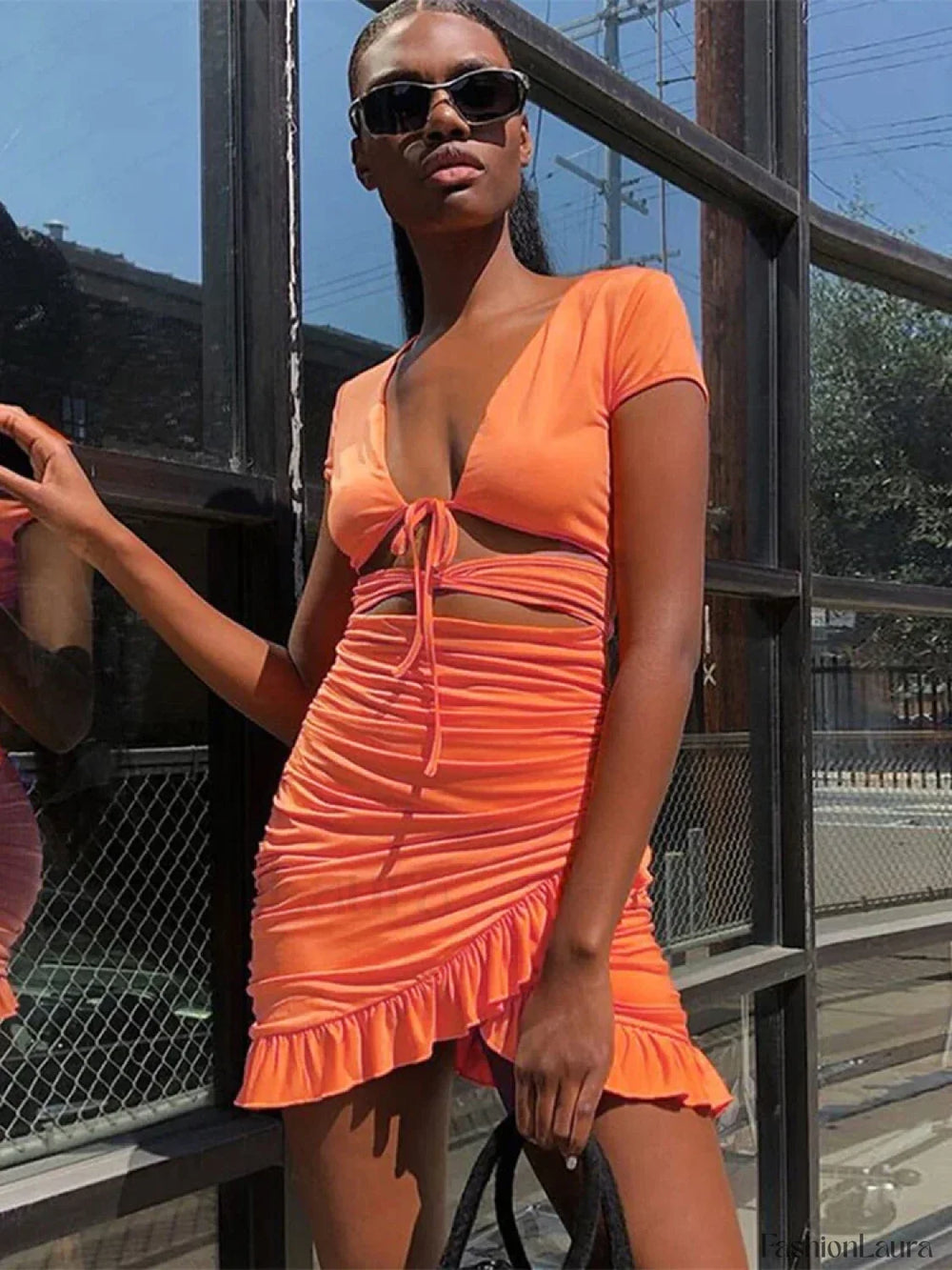 V Neck Ruched Hollow Mini Dress