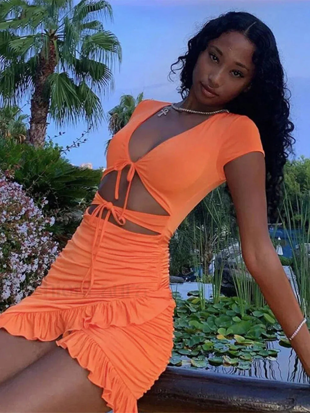 V Neck Ruched Hollow Mini Dress