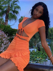 V Neck Ruched Hollow Mini Dress