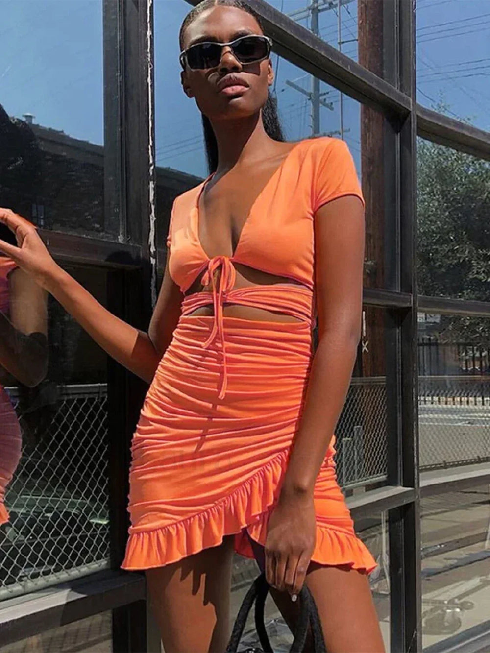 V Neck Ruched Hollow Mini Dress