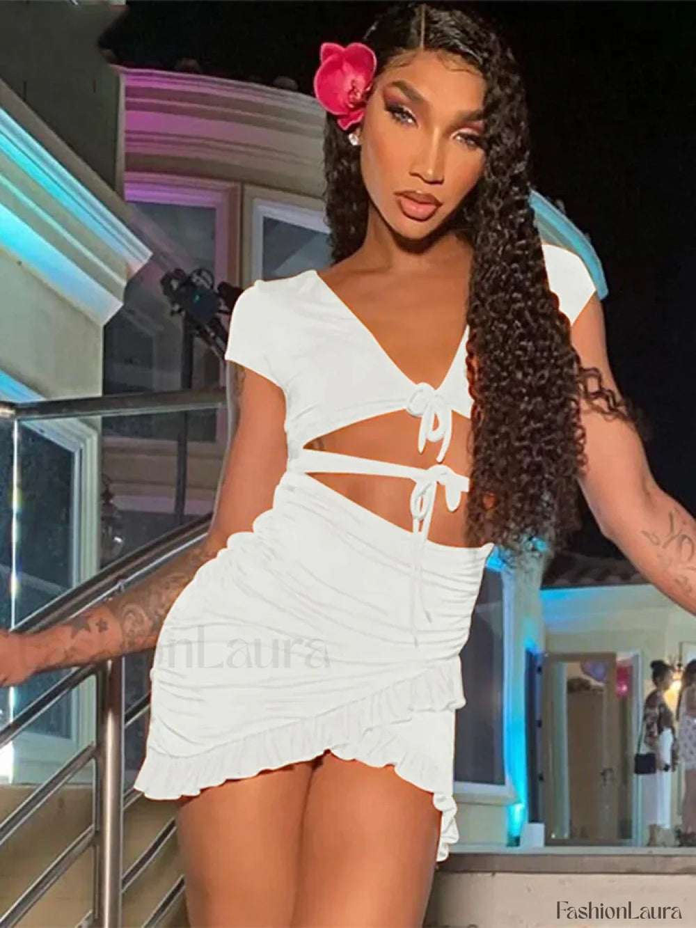 V Neck Ruched Hollow Mini Dress WHITE / S