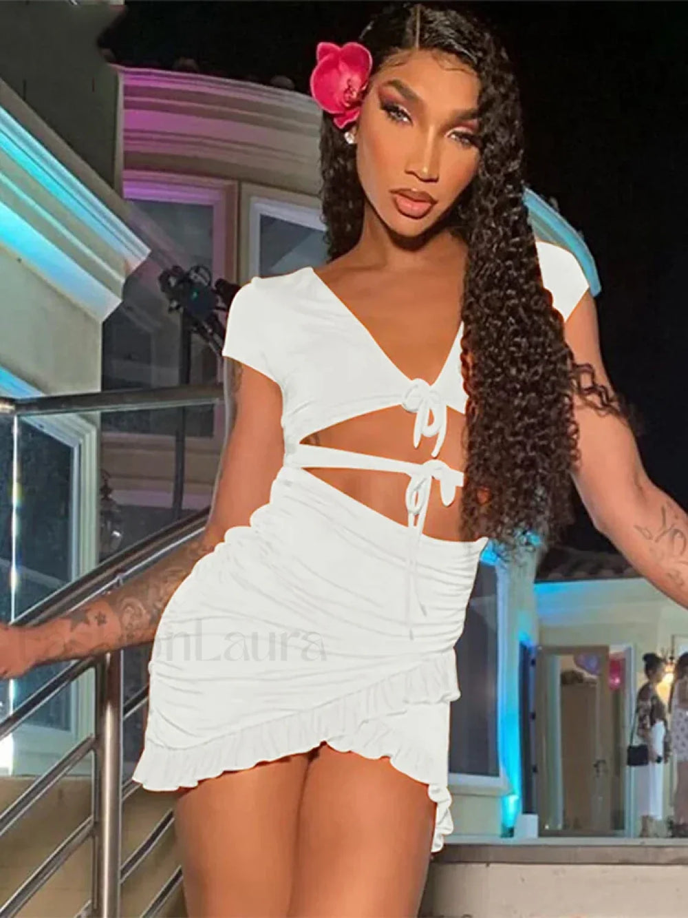 V Neck Ruched Hollow Mini Dress WHITE / S