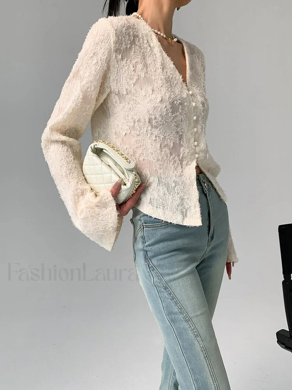 V Neck Ruffle Graceful Long Sleeve Blouse Blouses