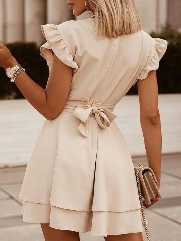 V-neck Ruffle Sleeve Solid Color Dress