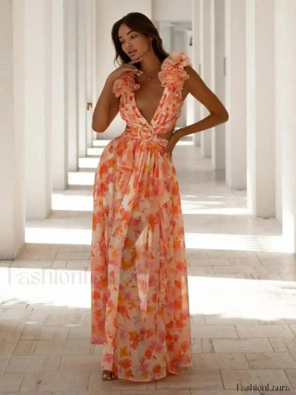 V Neck Ruffle Split Floral Dress Orange / S