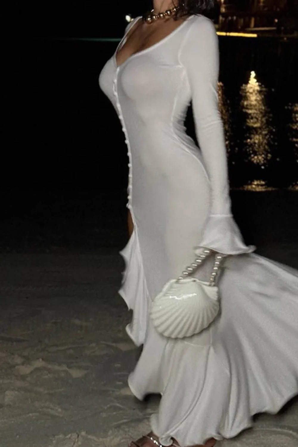 V Neck Ruffled Split Maxi Dress