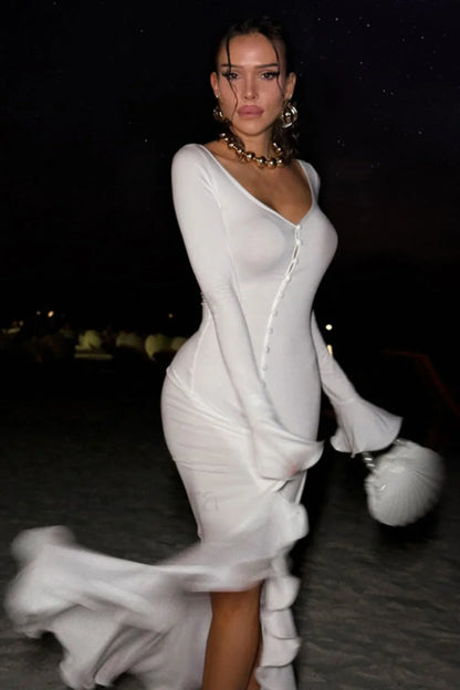 V Neck Ruffled Split Maxi Dress