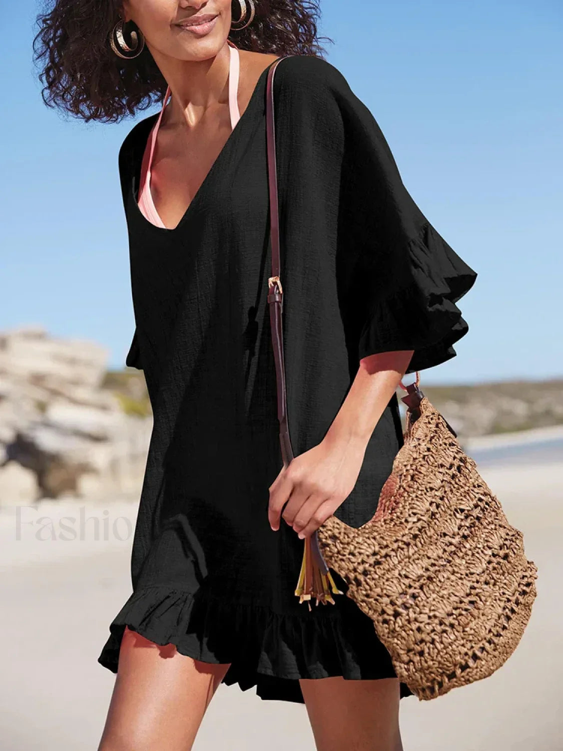 V Neck See Through Ruffle Cover Up Black / One Size