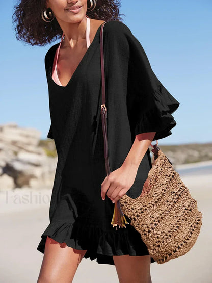 V Neck See Through Ruffle Cover Up Black / One Size