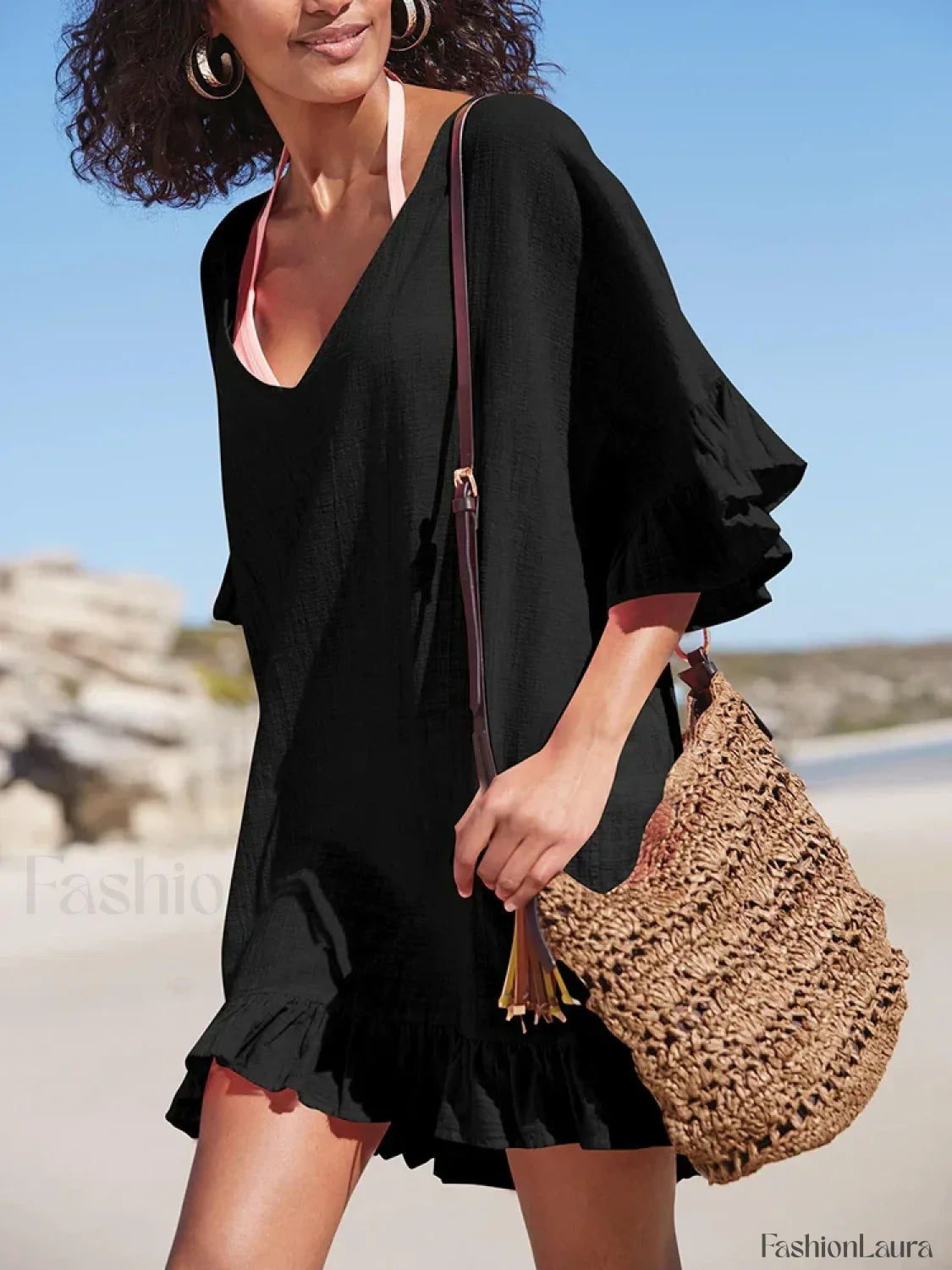 V Neck See Through Ruffle Cover Up Black / One Size