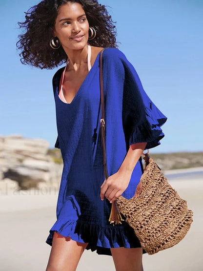 V Neck See Through Ruffle Cover Up Blue / One Size