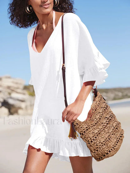 V Neck See Through Ruffle Cover Up WHITE / One Size