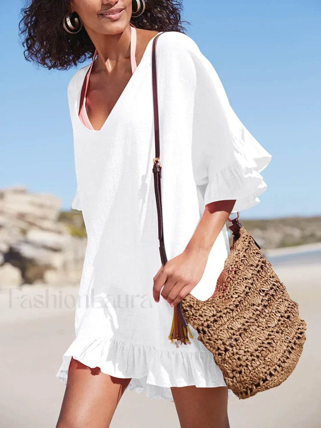 V Neck See Through Ruffle Cover Up WHITE / One Size