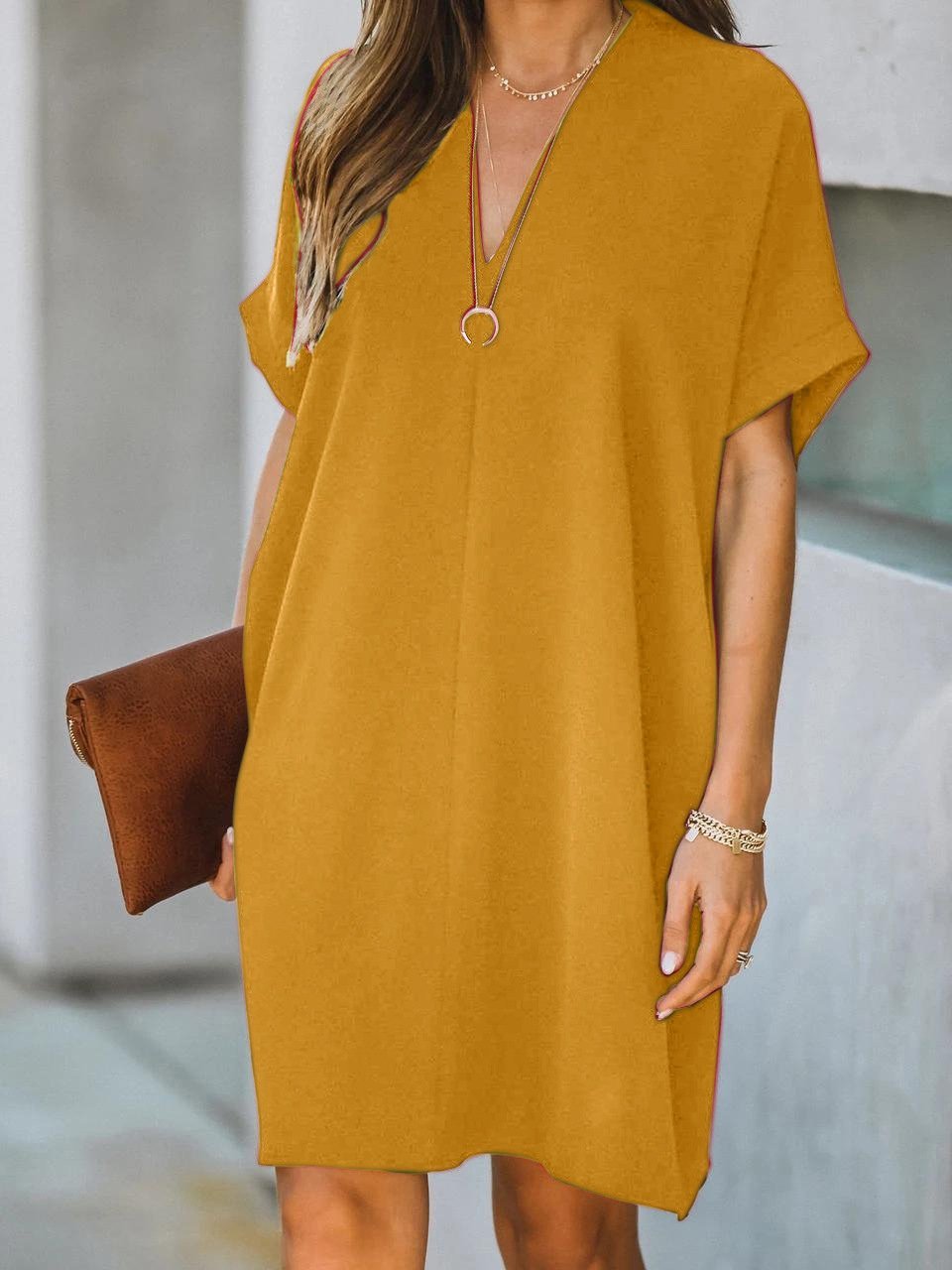 V-neck Short Sleeve Solid Color Loose Dress Ins Street