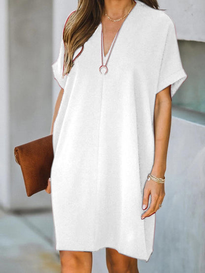 V-neck Short Sleeve Solid Color Loose Dress Ins Street