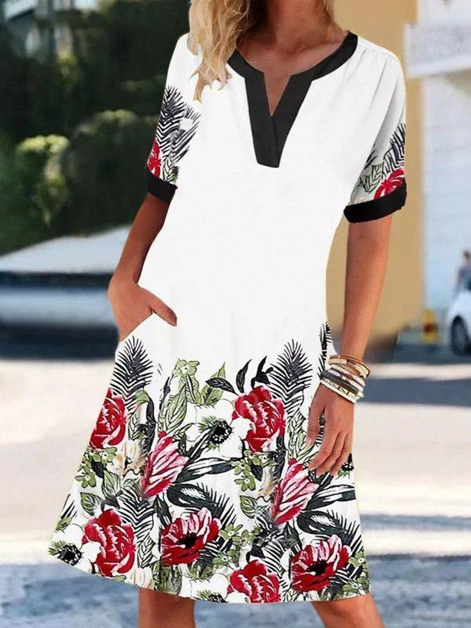 V-Neck Short Sleeve Vintage Print Elegant Dress Ins Street