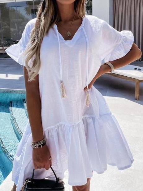 V-neck Short-sleeved Solid Color Short Dress