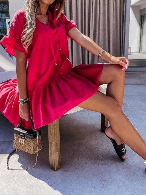 V-neck Short-sleeved Solid Color Short Dress