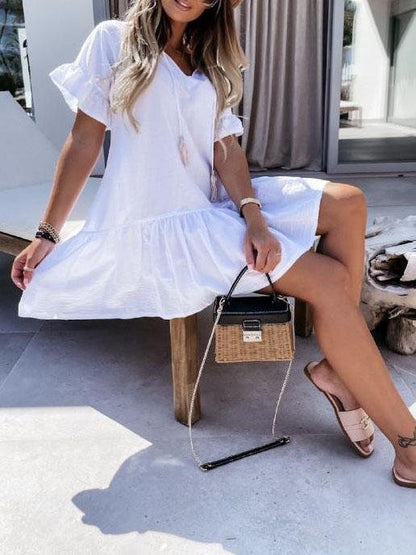 V-neck Short-sleeved Solid Color Short Dress