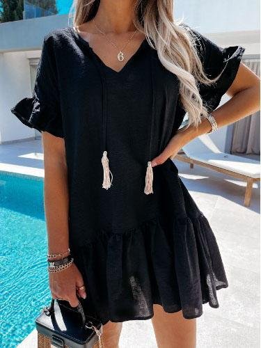 V-neck Short-sleeved Solid Color Short Dress Ins Street