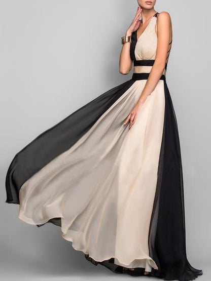 V-neck Sleeveless Color Block Dress Ins Street