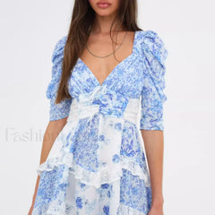 V Neck Spliced Lace Floral Dress