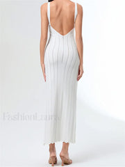 V Neck Strap Backless Knitted Maxi Dress