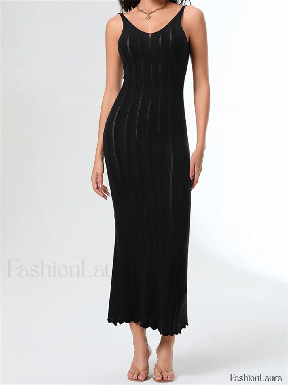 V Neck Strap Backless Knitted Maxi Dress black / S
