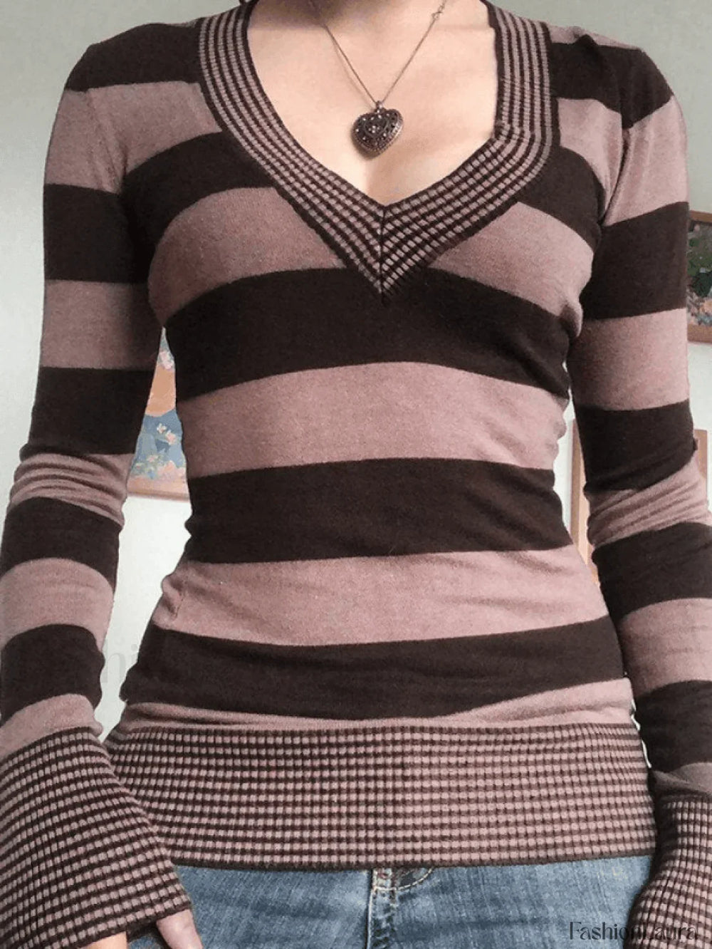 V Neck Striped Knit Top Sweaters