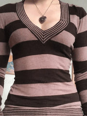 V Neck Striped Knit Top Sweaters