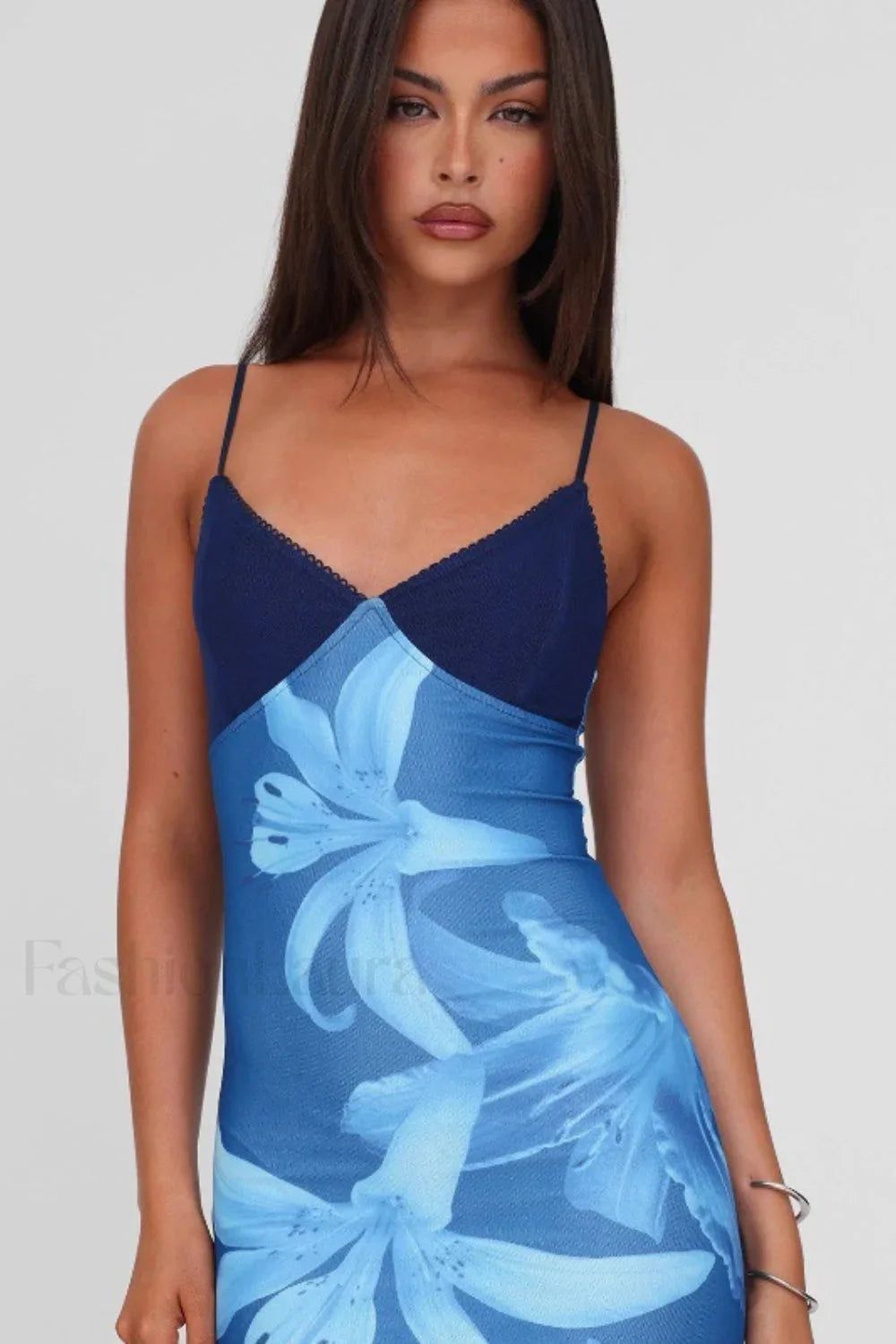 V Neck Tie Dye Mesh Patchwork Maxi Dress