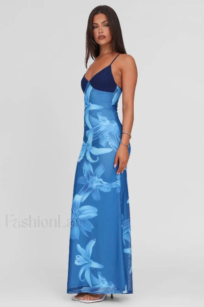 V Neck Tie Dye Mesh Patchwork Maxi Dress