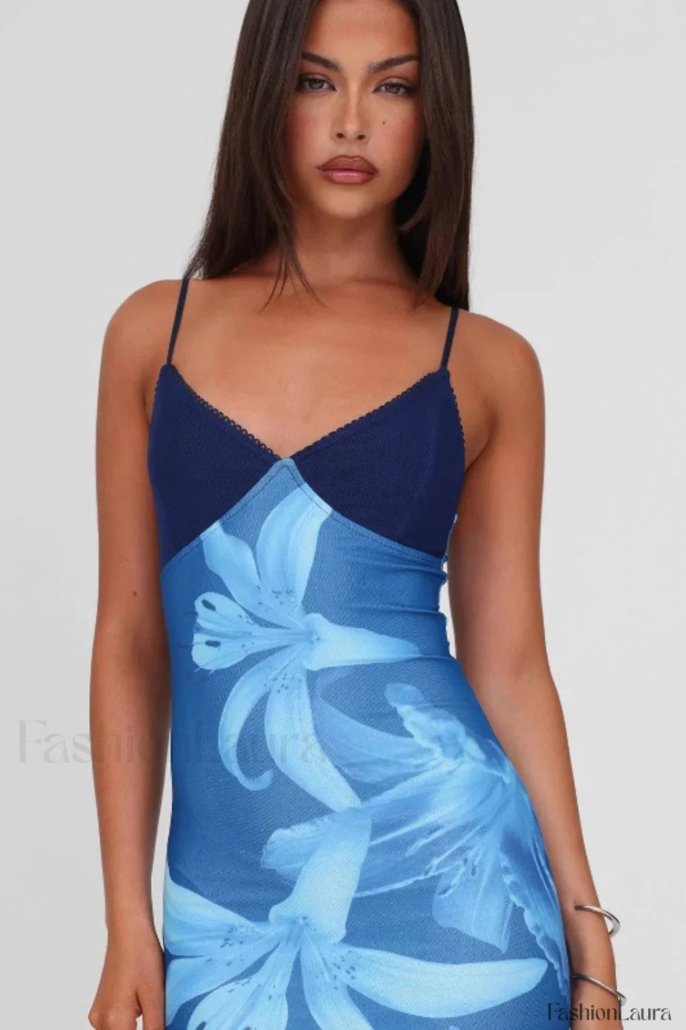 V Neck Tie Dye Mesh Patchwork Maxi Dress