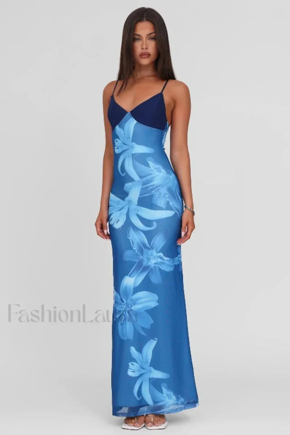 V Neck Tie Dye Mesh Patchwork Maxi Dress Blue / S