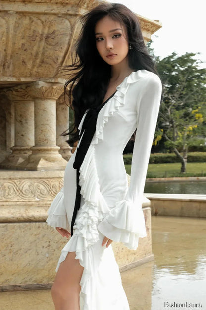 V Neck Tie Ruffled Split Maxi Dress