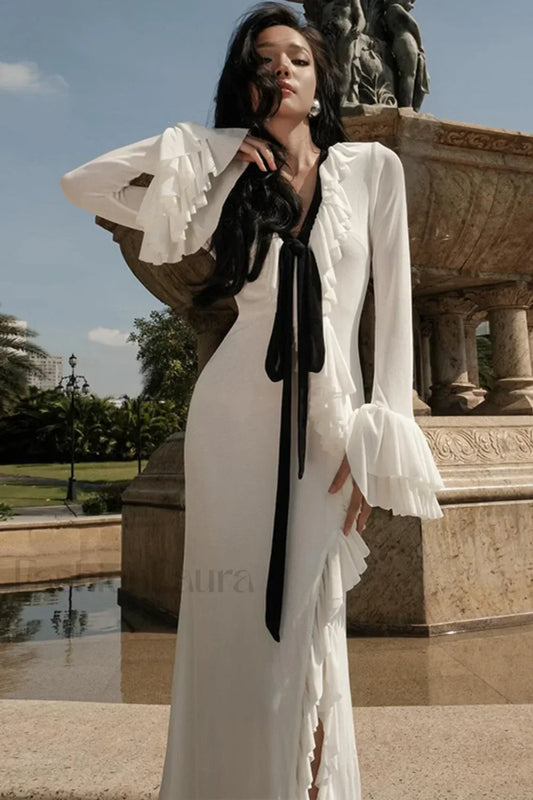 V Neck Tie Ruffled Split Maxi Dress White / S