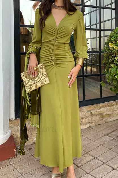 V Neck Waist Cinched French Style Work Dress