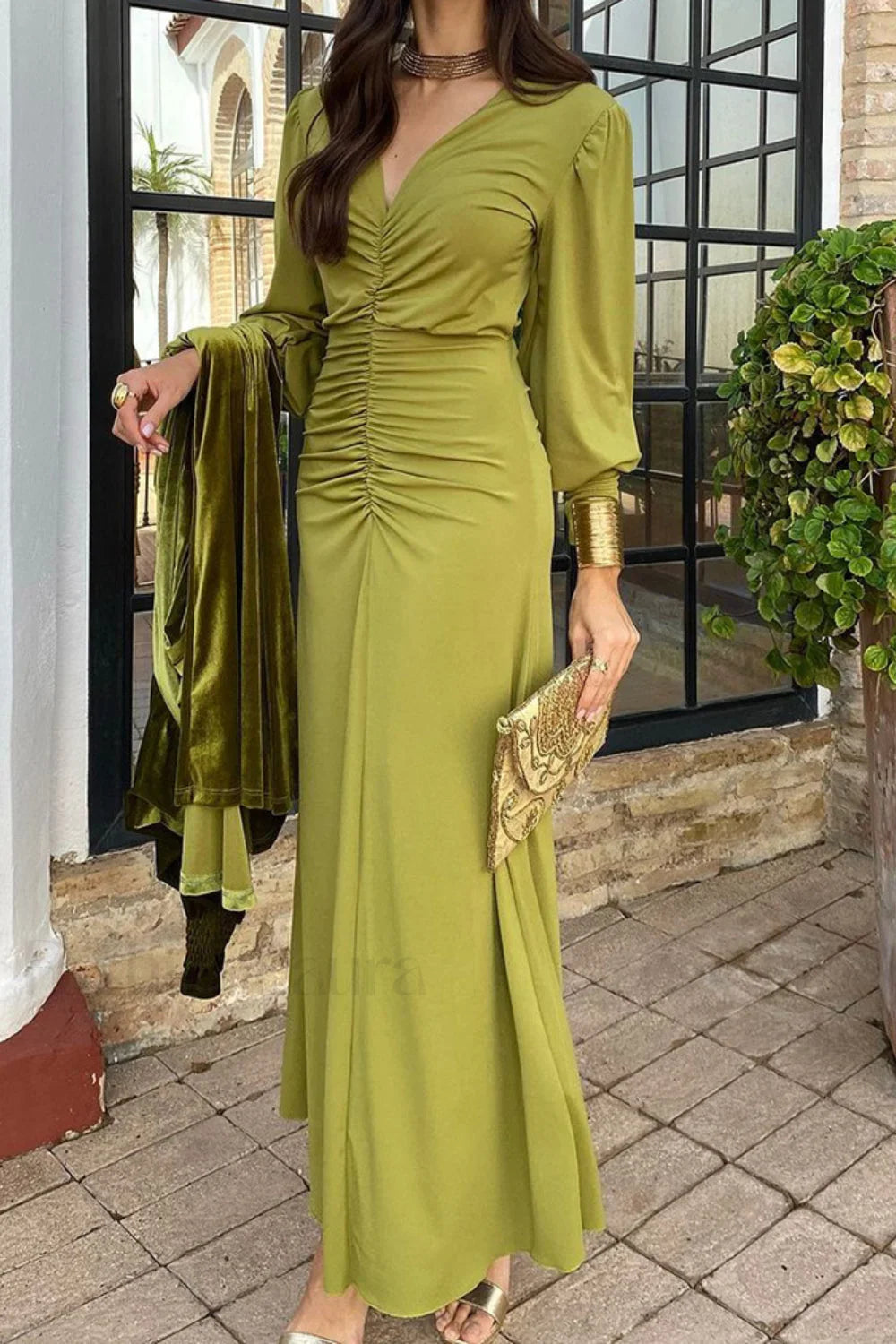 V Neck Waist Cinched French Style Work Dress