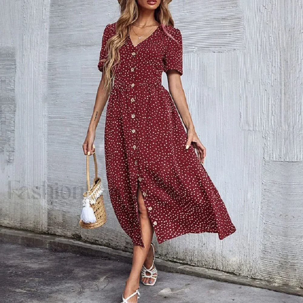 Vacation Chic Single breasted Cardigan V neck Short Sleeve Hem Slit Retro Dot Midi Dress