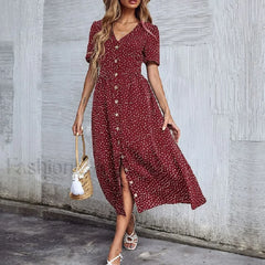 Vacation Chic Single breasted Cardigan V neck Short Sleeve Hem Slit Retro Dot Midi Dress